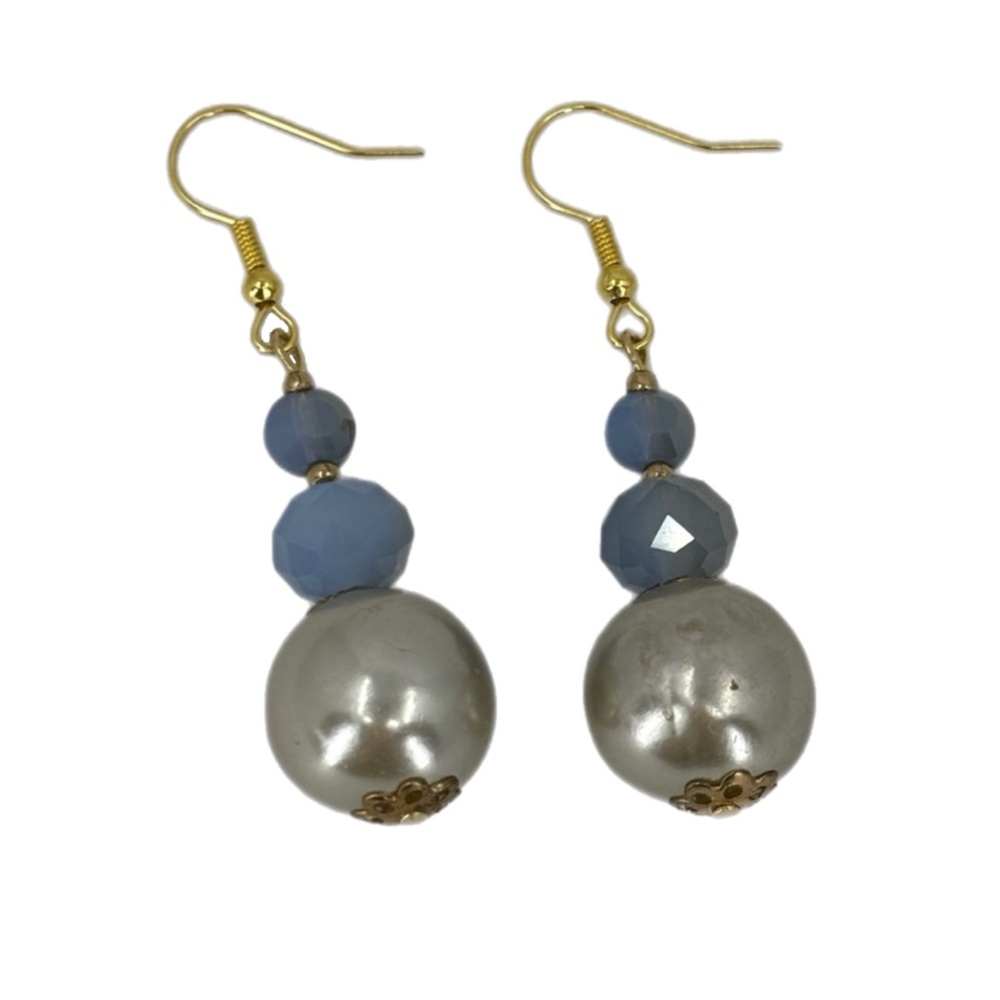 Pearl and Blue Crystal Beaded Earrings Upcycled Handmade